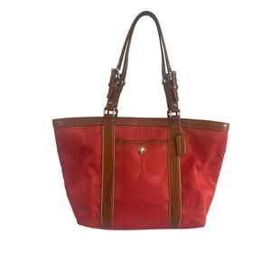 Coach Coral Signature Gallery Tote Bag Red Canvas Leather Monogram Handbag